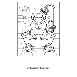 Coloriage d'un capybara dans un bain moussant avec des canards en plastique