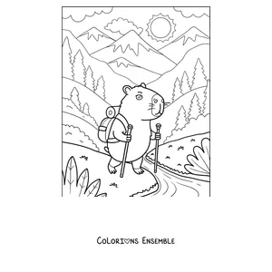 Coloriage d'un capybara en randonnée avec un sac à dos dans la montagne