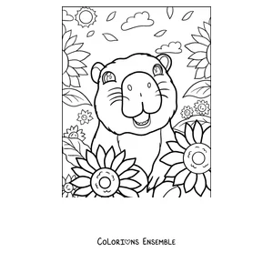 Coloriage d'un capybara au milieu des tournesols