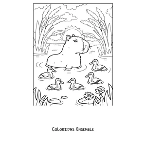 Coloriage d'un capybara qui nage avec des canetons
