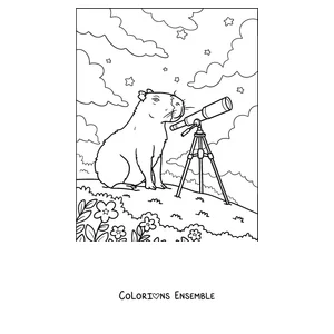 Coloriage d'un capybara qui observe les étoiles avec un télescope