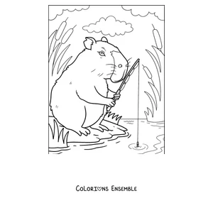 Coloriage d'un capybara qui pêche au bord de la rivière