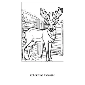 Coloriage d'un cerf aux grands bois près d'une clôture