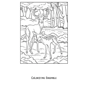 Coloriage d'un cerf et d'un faon dans la forêt
