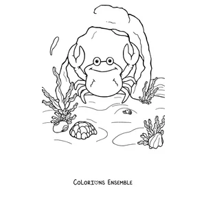 Coloriage d'un crabe au fond de la mer parmi les algues et les coquillages