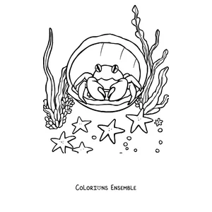 Coloriage d'un crabe qui pointe le nez dans un coquillage