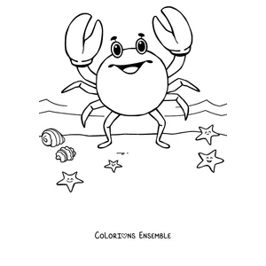 Coloriage d'un crabe souriant debout parmi les étoiles de mer