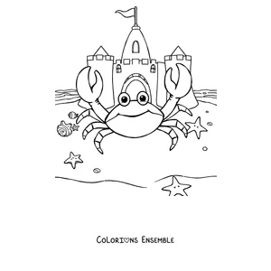 Coloriage d'un crabe sur la plage à côté d'un château de sable