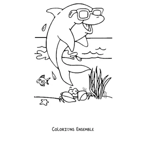 Coloriage d'un dauphin avec des lunettes de soleil à la plage