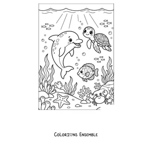 Coloriage d'un dauphin jouant avec une tortue de mer