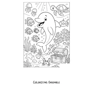 Coloriage d'un dauphin explorant les fonds marins avec un coffre au trésor