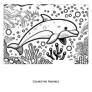 Coloriage d'un dauphin nageant dans le récif de corail