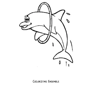 Coloriage d'un dauphin sautant à travers un cerceau