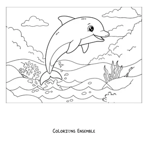 Coloriage d'un dauphin sautant au-dessus de la mer