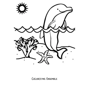 Coloriage d'un dauphin sautant devant le soleil