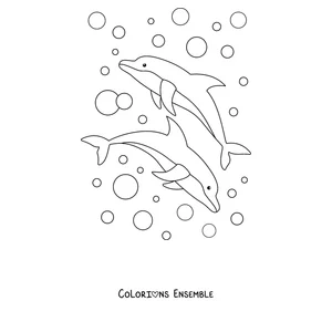 Coloriage de deux dauphins nageant parmi les bulles