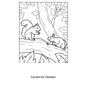 Coloriage de deux écureuils qui jouent sur une branche