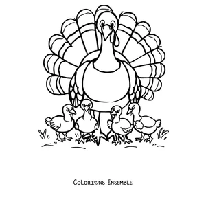 Coloriage d'une dinde avec ses petits à côté