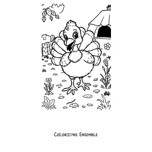 Coloriage d'une dinde contente se promenant dans la prairie