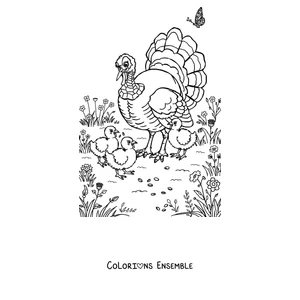 Coloriage d'une dinde entourée de feuilles d'automne