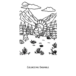 Coloriage d'une dinde dans un paysage de montagne