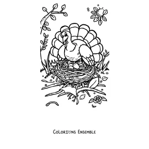 Coloriage d'une dinde au repos sur l'herbe