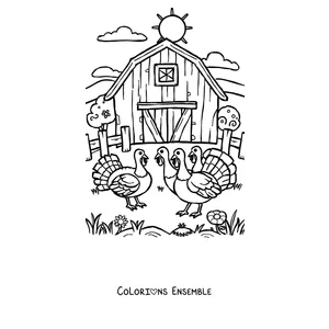 Coloriage de deux dindes devant la grange