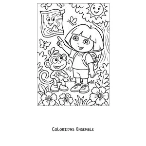 Coloriage de Dora l'exploratrice qui montre la Carte à côté de Babouche