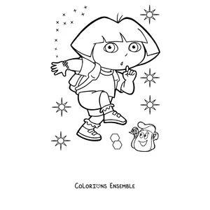 Coloriage de Dora l'exploratrice avec son sac à dos parmi les étoiles