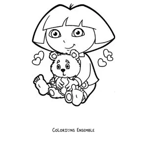 Coloriage de Dora l'exploratrice qui serre un nounours dans ses bras