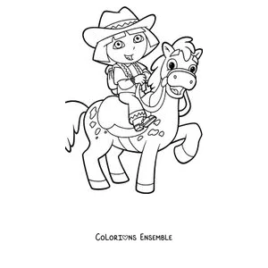 Coloriage de Dora l'exploratrice habillée en cow-girl montant à cheval