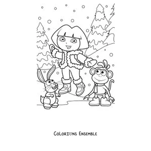 Coloriage de Dora l'exploratrice dans la neige avec Babouche et un lapin
