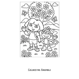 Coloriage de Dora l'exploratrice et Babouche dans un champ de fleurs