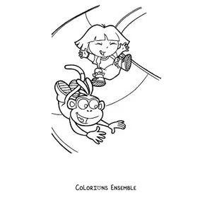 Coloriage de Dora l'exploratrice et Babouche qui se balancent sur une liane