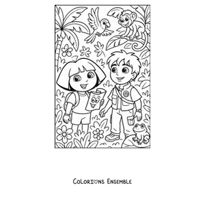 Coloriage de Dora l'exploratrice et son cousin Diego dans la jungle