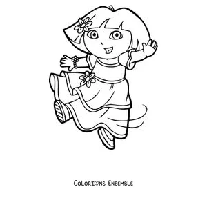 Coloriage de Dora l'exploratrice qui danse avec une fleur dans les cheveux