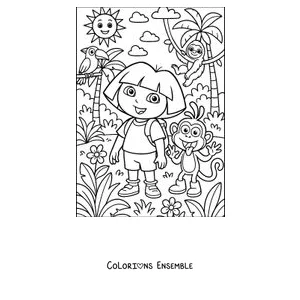 Coloriage de Dora l'exploratrice qui explore la jungle avec un perroquet