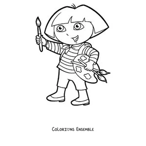 Coloriage de Dora l'exploratrice qui peint avec une palette et un pinceau