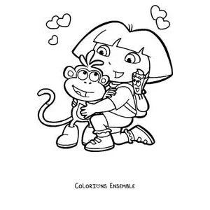 Coloriage de Dora l'exploratrice qui serre Babouche dans ses bras avec une glace