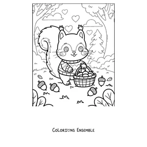 Coloriage d'un écureuil en pull avec un panier de glands