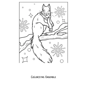 Coloriage d'un écureuil avec une écharpe sur une branche enneigée