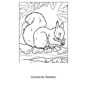 Coloriage d'un écureuil qui cherche des noix sur le sol