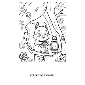 Coloriage d'un écureuil dans le creux d'un arbre à côté d'une lanterne