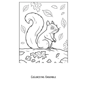Coloriage d'un écureuil parmi les feuilles d'automne