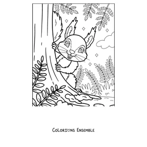 Coloriage d'un écureuil qui grimpe au tronc d'un arbre