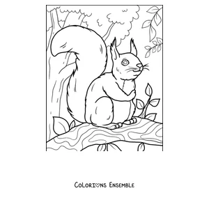Coloriage d'un écureuil souriant assis sur une branche