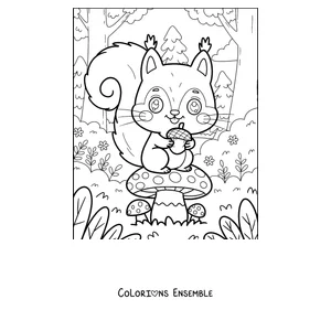 Coloriage d'un écureuil assis sur un champignon avec un gland