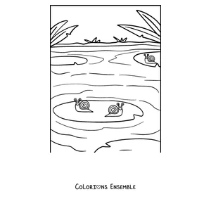 Coloriage d’un escargot au bord d’un étang avec des nénuphars