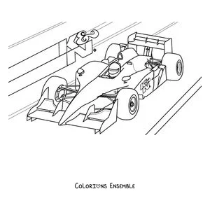 Coloriage d'une voiture de Formule 1 à pleine vitesse avec des lignes de mouvement