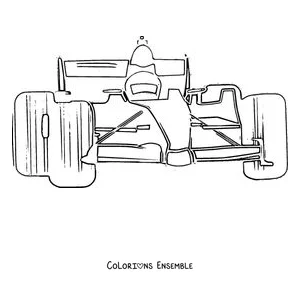 Coloriage d'une voiture de Formule 1 vue de face avec le pilote
